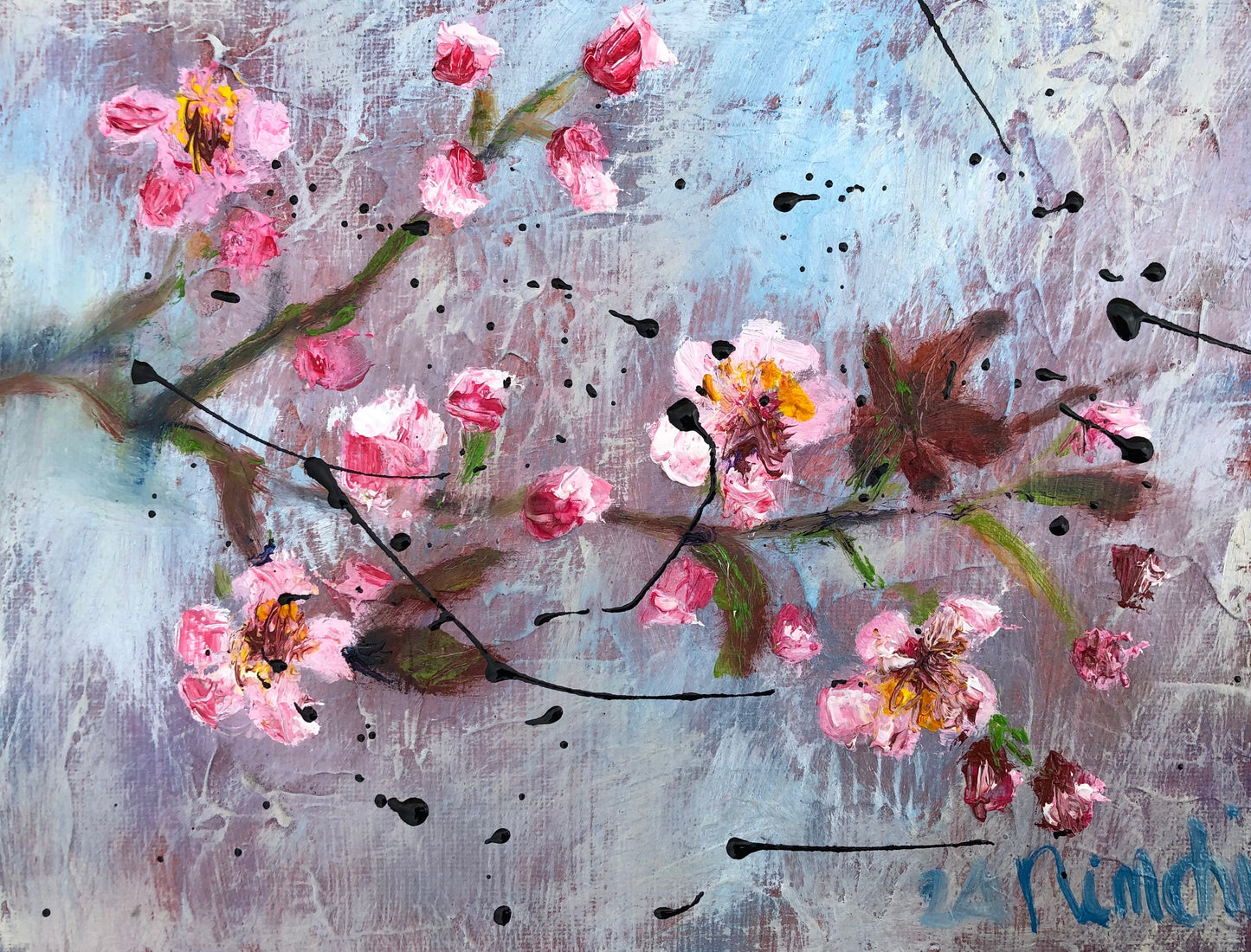 Full view of bold pink blossom painting titled 'Blush and Brag' by Nimchi Yuen with vibrant pink flowers against a gradient sky shifting from blue to purple, featuring thick textured oil paint layers. Small canvas size, adding a lively pop of color and energy to any room decor.