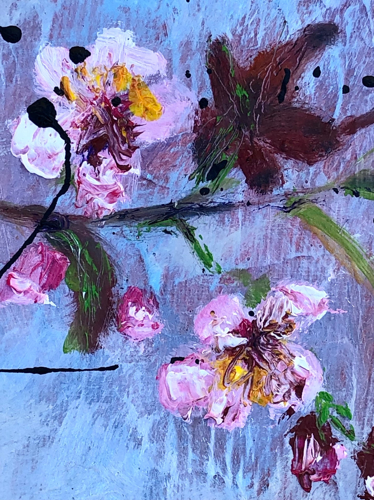 Close-up of bold pink blossoms in Blush and Brag by Nimchi Yuen, with textured oil layers against a blue-purple gradient sky.