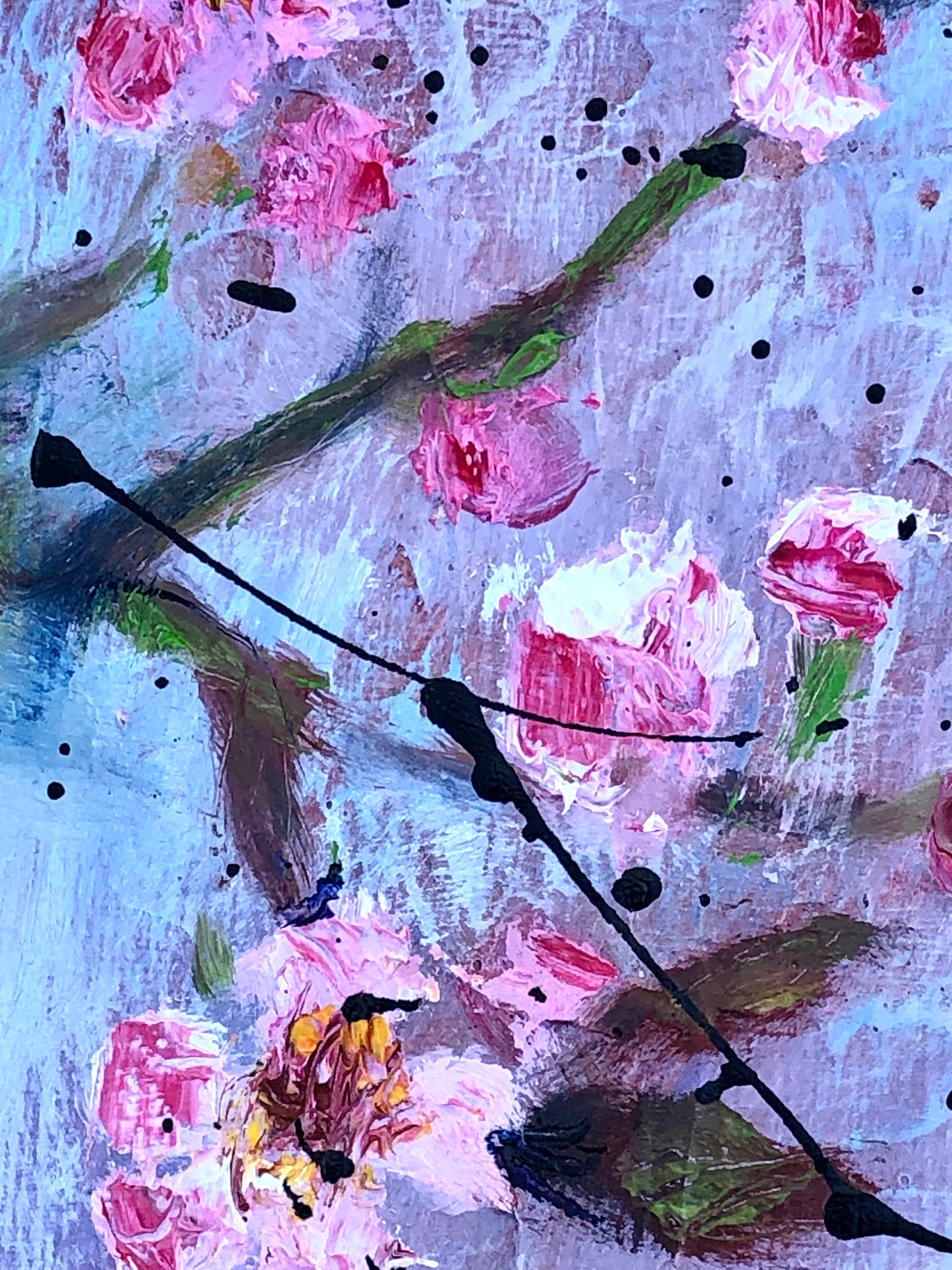Close-up of bold pink blossoms in Blush and Brag by Nimchi Yuen, with textured oil layers against a blue-purple gradient sky.