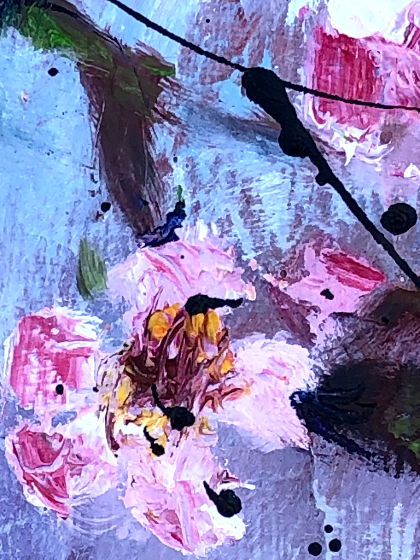 Close-up of bold pink blossoms in Blush and Brag by Nimchi Yuen, with textured oil layers against a blue-purple gradient sky.