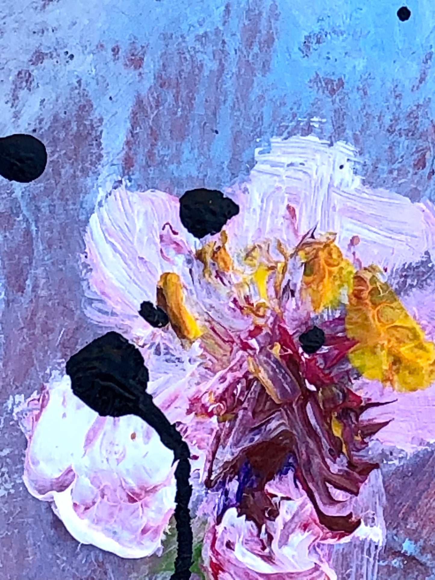 Close-up of bold pink blossoms in Blush and Brag by Nimchi Yuen, with textured oil layers against a blue-purple gradient sky.