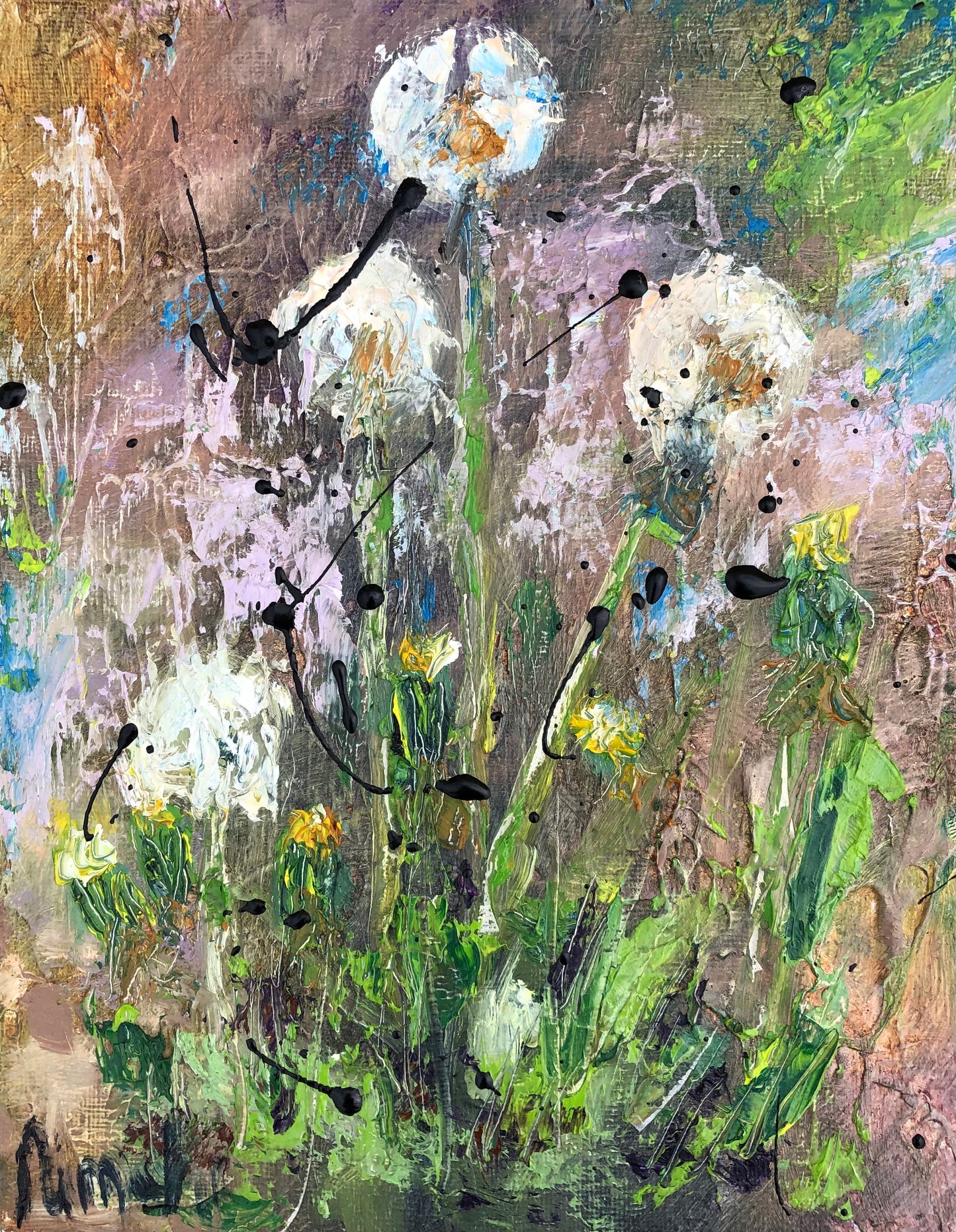 Full view of Dandelion Dreams by Nimchi Yuen, an abstract painting with close-up white dandelions against earthy browns. Thick textures create depth and a sense of softness, capturing a quiet moment of beauty.