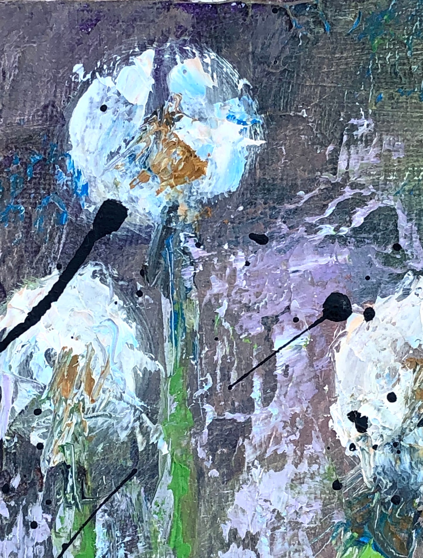 Close-up view of Dandelion Dreams by Nimchi Yuen, showing thick brushstrokes and intricate textures in earthy browns and soft whites, capturing the delicate feel of dandelion seeds before they float away.