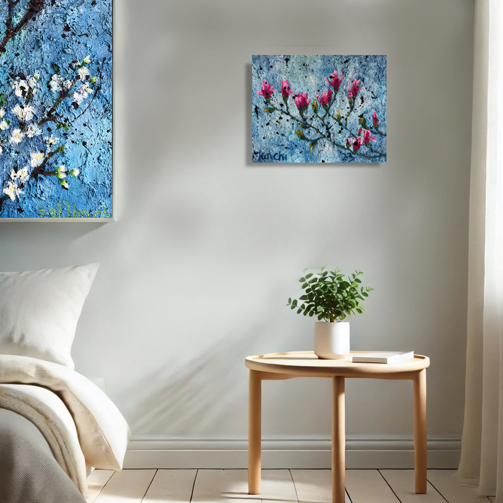Magnolia Blossoms I by Nimchi Yuen in a bright living room, showcasing vibrant magnolia blossoms with thick textures, adding a touch of nature-inspired beauty.