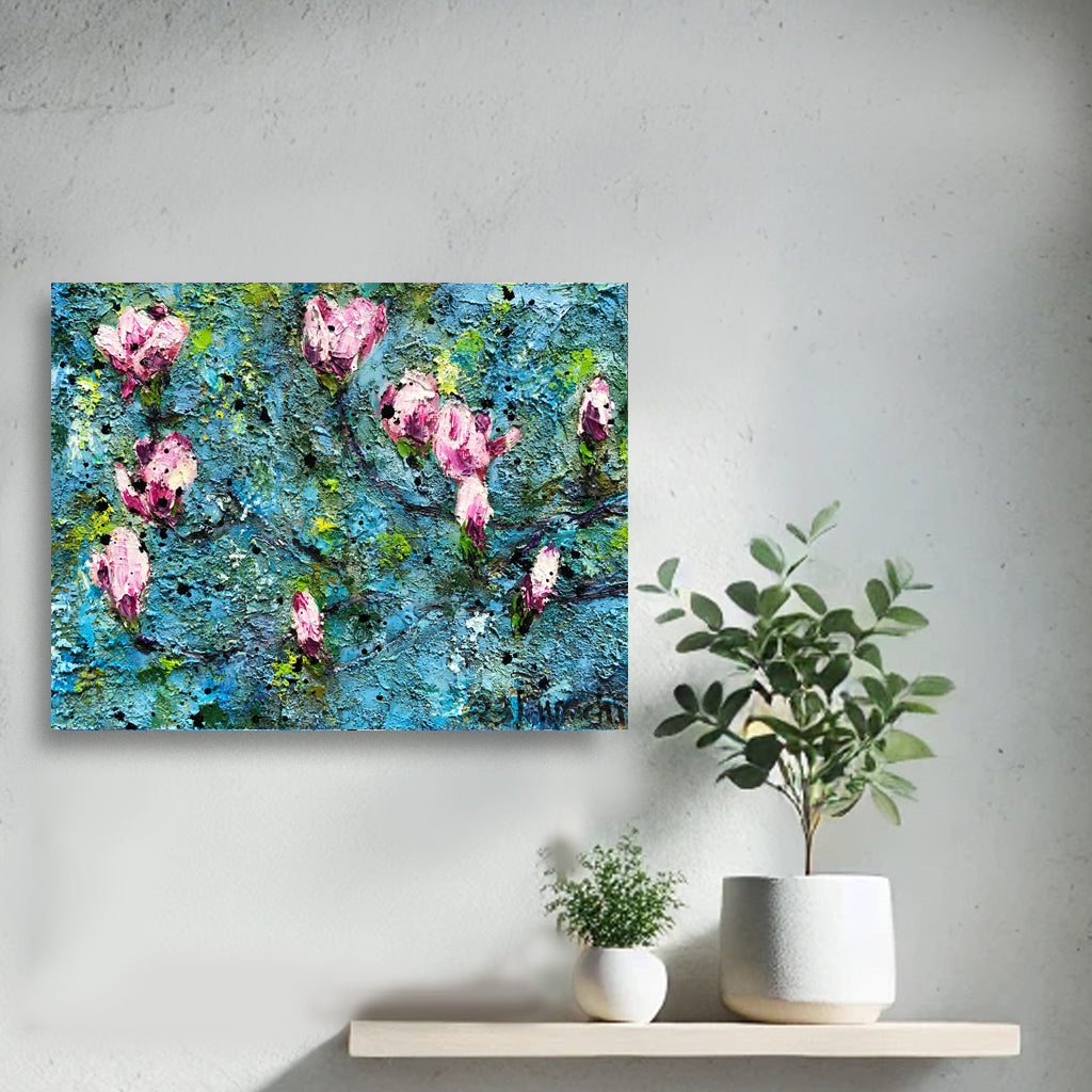 Magnolia Blossoms II by Nimchi Yuen displayed in a serene living room, featuring textured magnolia blossoms, adding grace and color to the decor with vibrant tones.
