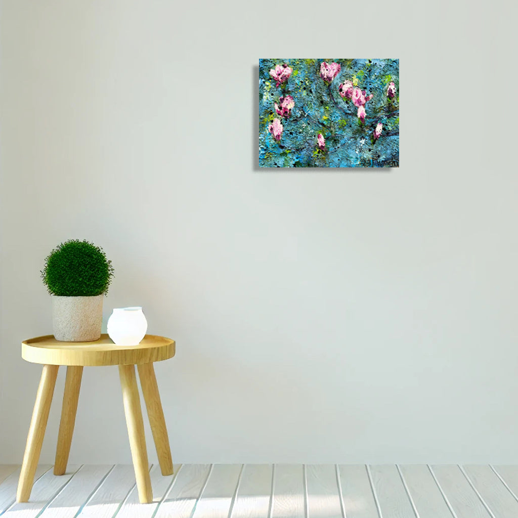 Magnolia Blossoms II by Nimchi Yuen displayed in a serene living room, featuring textured magnolia blossoms, adding grace and color to the decor with vibrant tones.