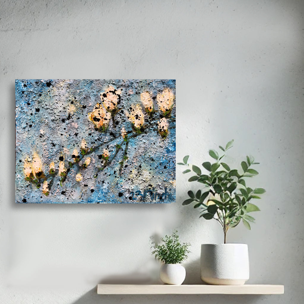 Magnolia Blossoms III by Nimchi Yuen displayed in a bright, elegant room, showcasing textured white blossoms, adding grace and contrast to the decor with vibrant tones.