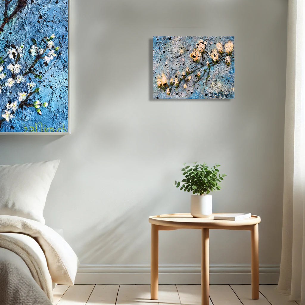 Magnolia Blossoms III by Nimchi Yuen displayed in a bright, elegant room, showcasing textured white blossoms, adding grace and contrast to the decor with vibrant tones.