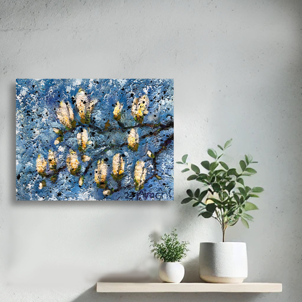 Magnolia blossom painting by Nimchi Yuen in a cozy, light-filled room, featuring white blossoms against a blue sky, adding a serene, nature-inspired touch to decor.