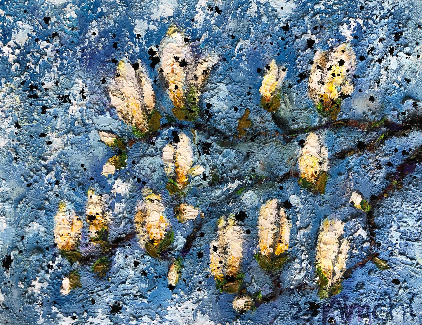 Full view of a whimsical magnolia blossom painting by Nimchi Yuen, with textured white blossoms on a branch set against a tranquil blue sky background.
