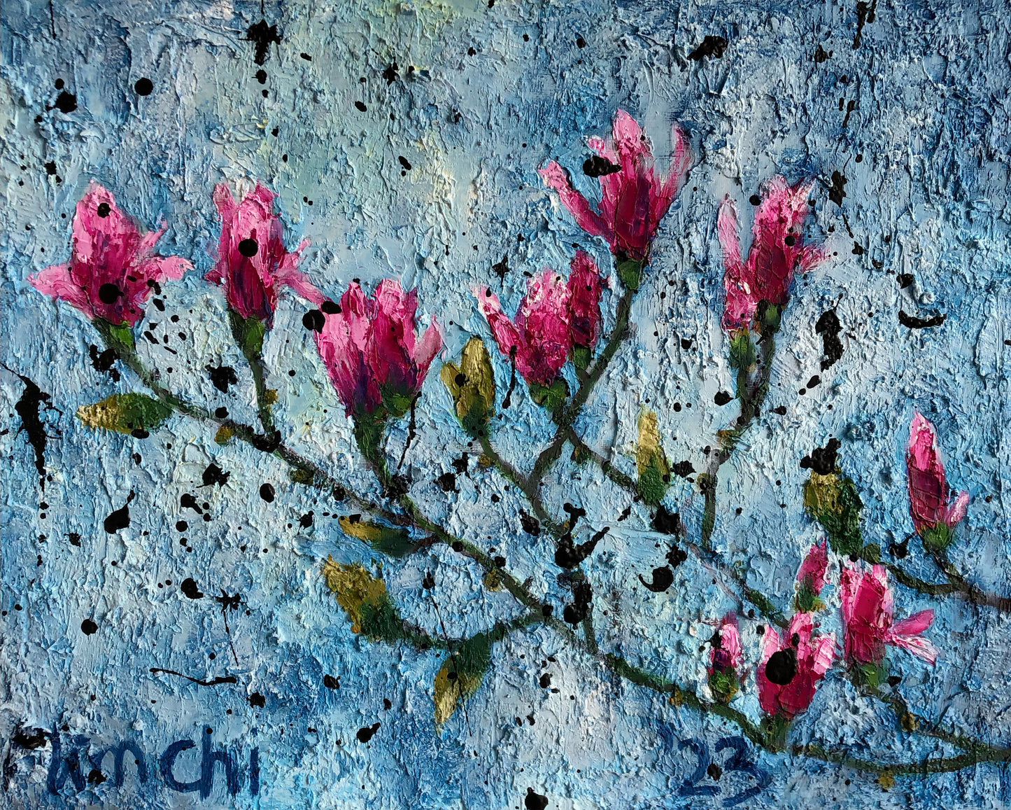 Full view of Magnolia Blossoms I by Nimchi Yuen, a textured painting of pink-purple magnolia blossoms on a branch against a dreamy blue sky.