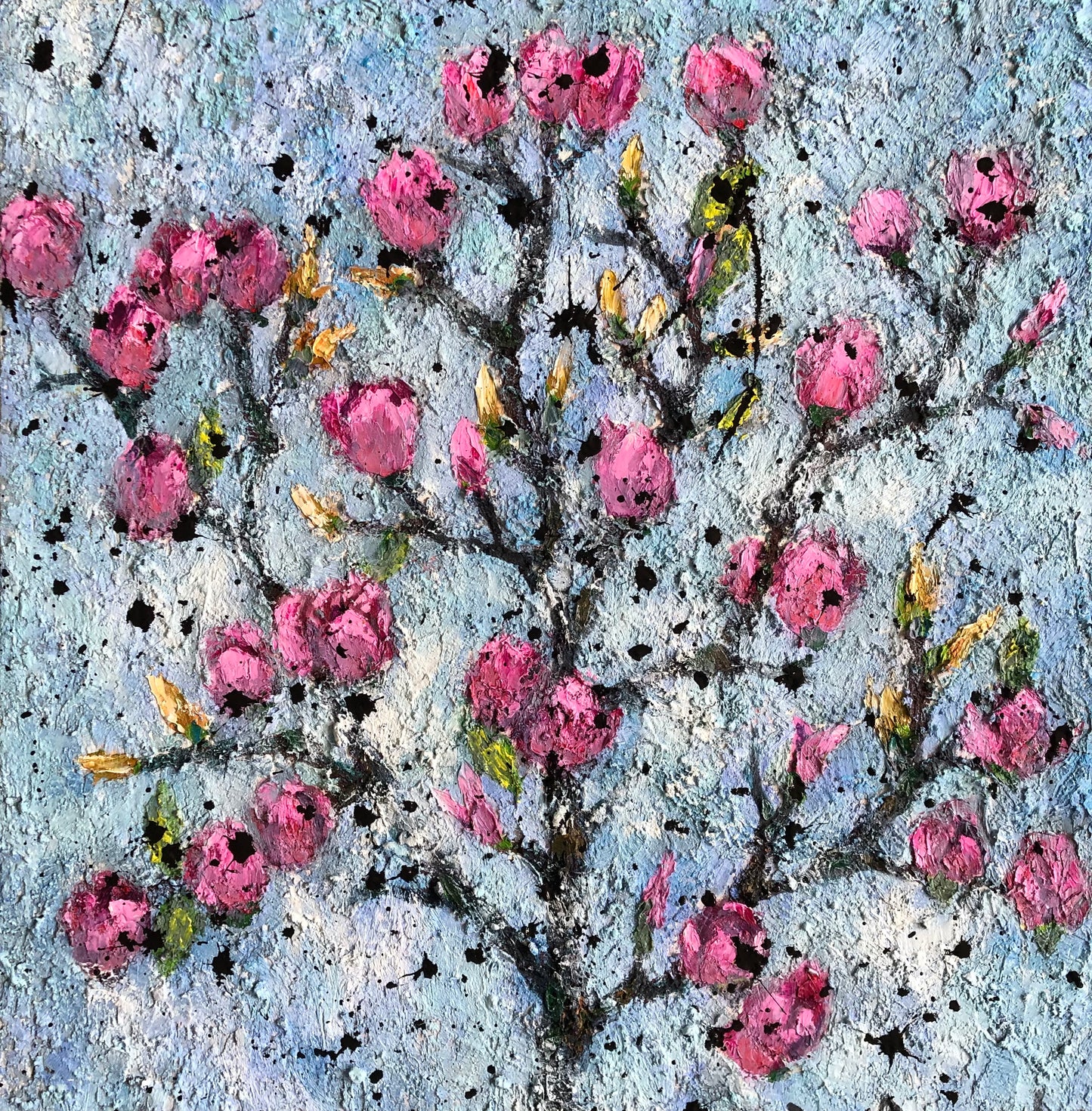 Full view of Misty Magnolia Mornings by Nimchi Yuen, a tranquil painting of pink magnolia blossoms against a misty blue-grey sky, inspired by a Devon morning.