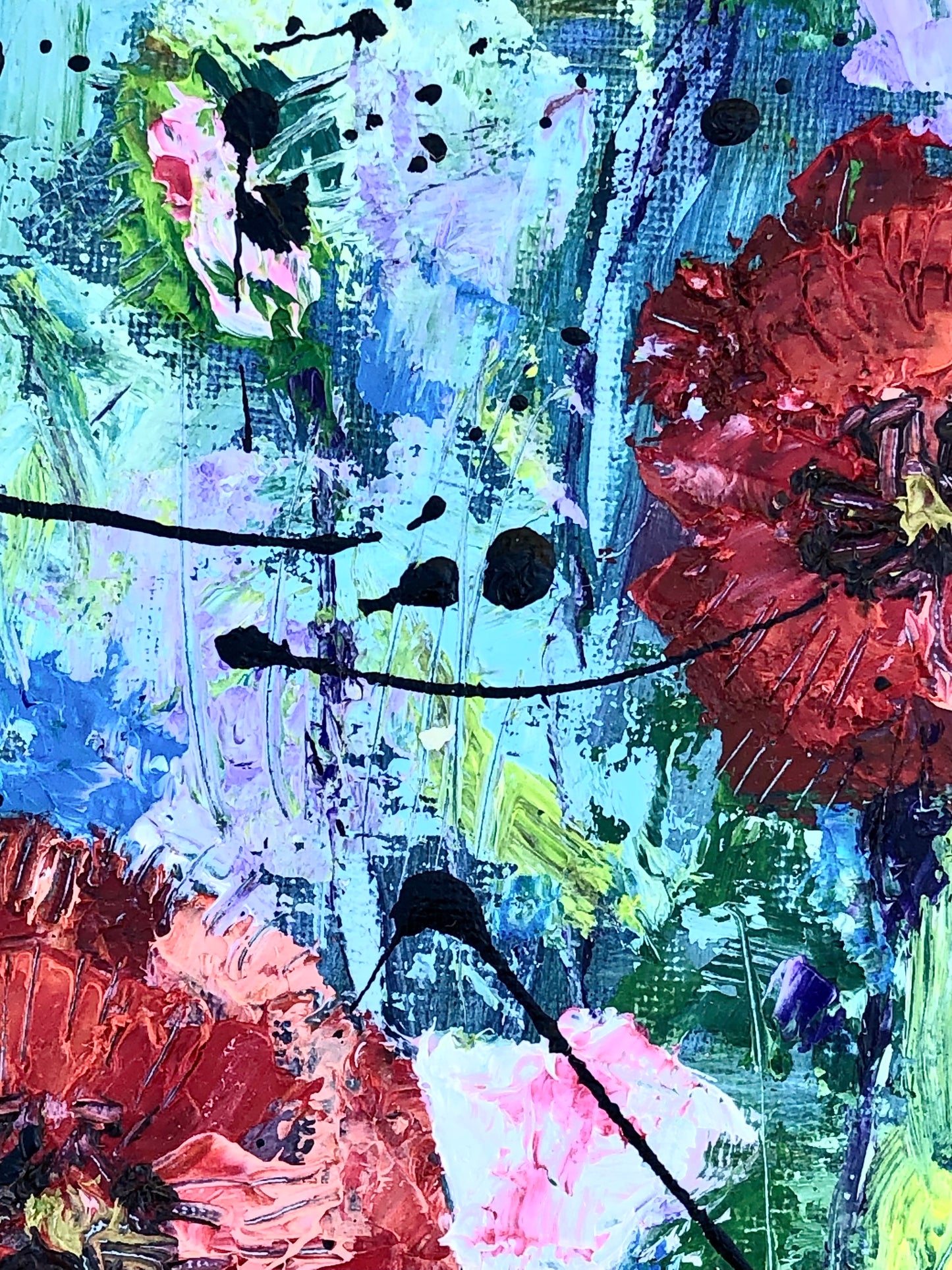 Close-up of Silent Fire by Nimchi Yuen, highlighting textured red poppies and abstract brushstrokes in blended green, blue, and grey hues.