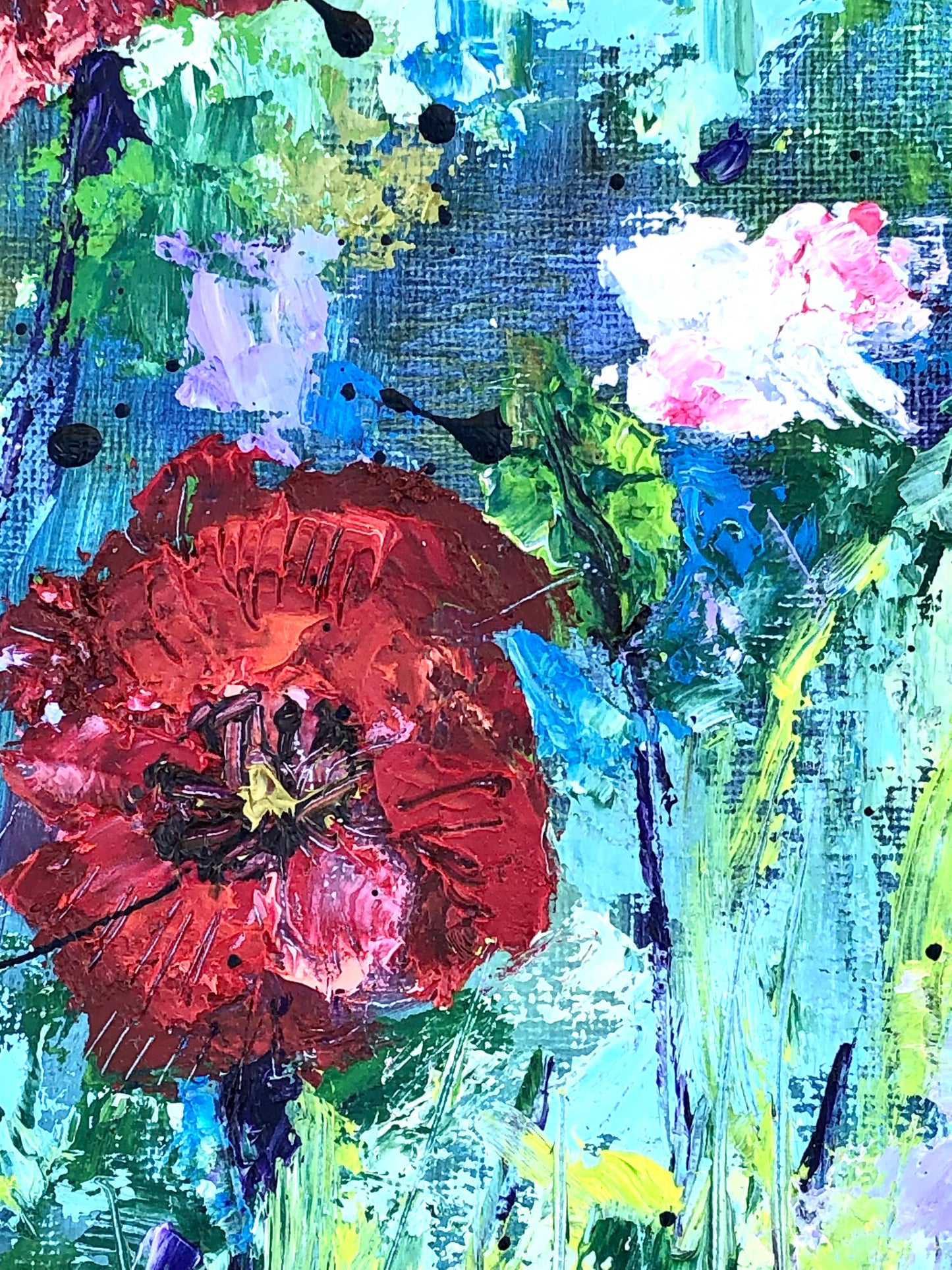 Close-up of Silent Fire by Nimchi Yuen, highlighting textured red poppies and abstract brushstrokes in blended green, blue, and grey hues.