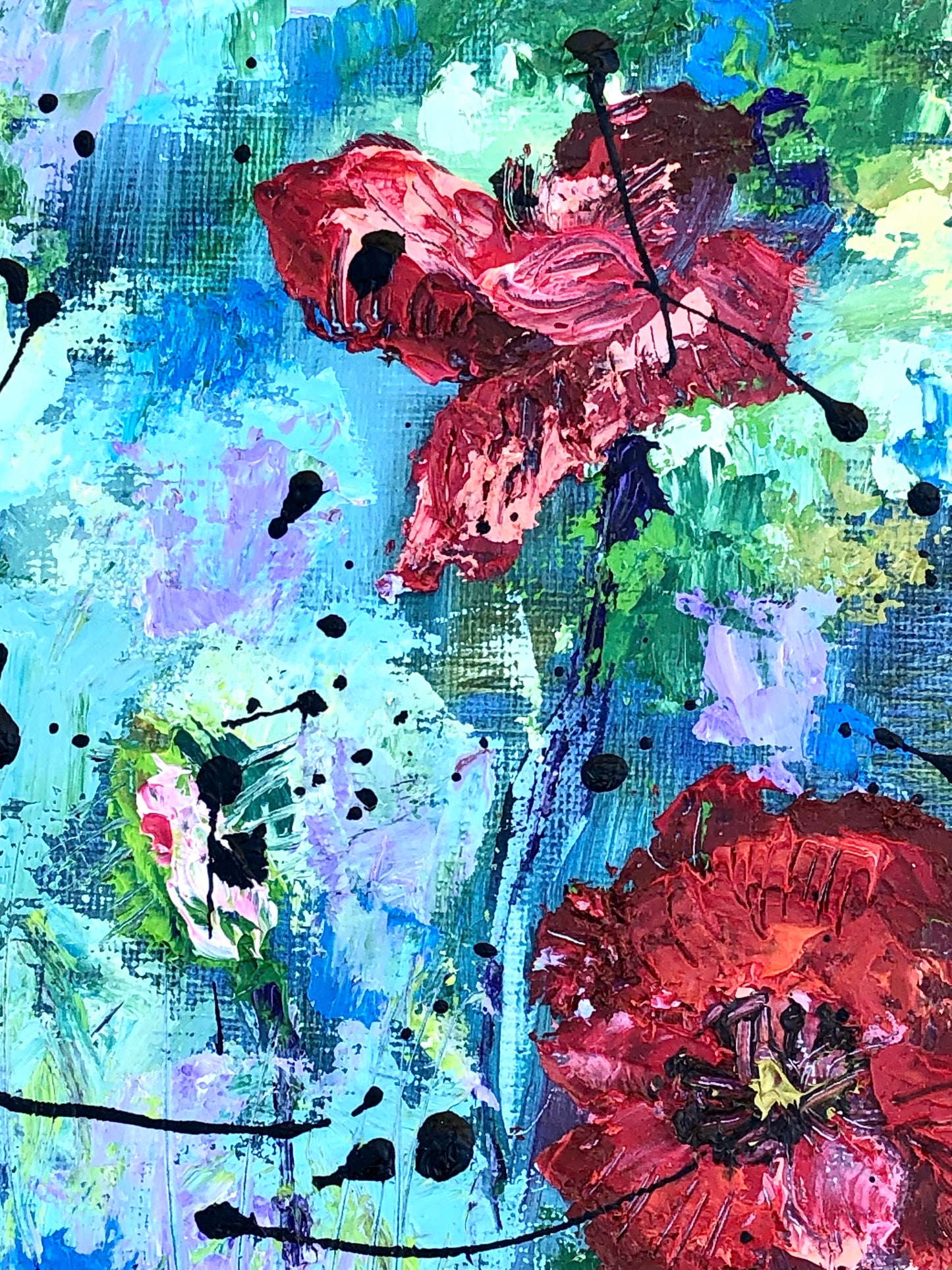 Close-up of Silent Fire by Nimchi Yuen, highlighting textured red poppies and abstract brushstrokes in blended green, blue, and grey hues.