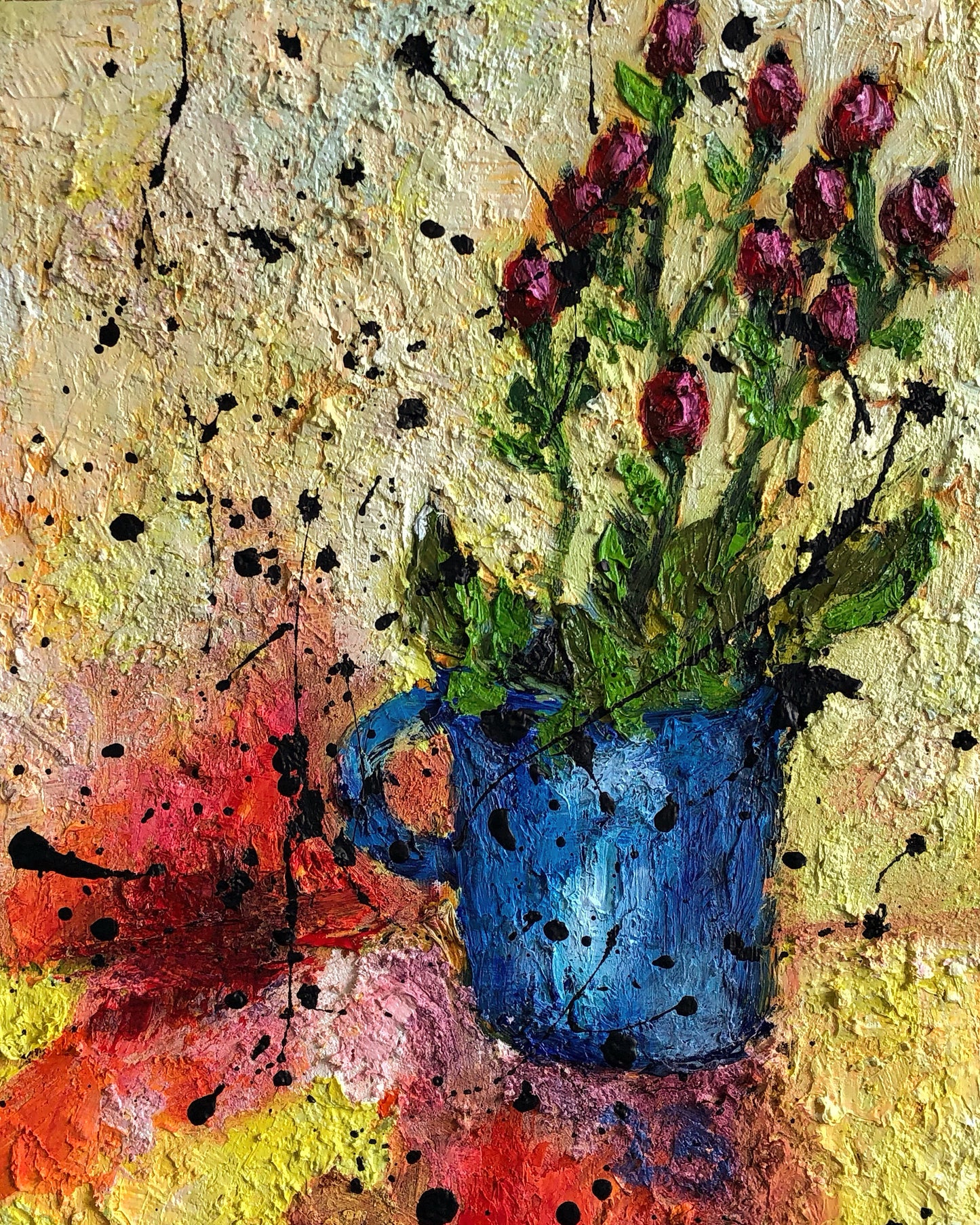 Full view of Survivor's Beauty by Nimchi Yuen, a vibrant nature-inspired painting of jewel-toned Hypericum berries clinging to their stems, celebrating resilience.