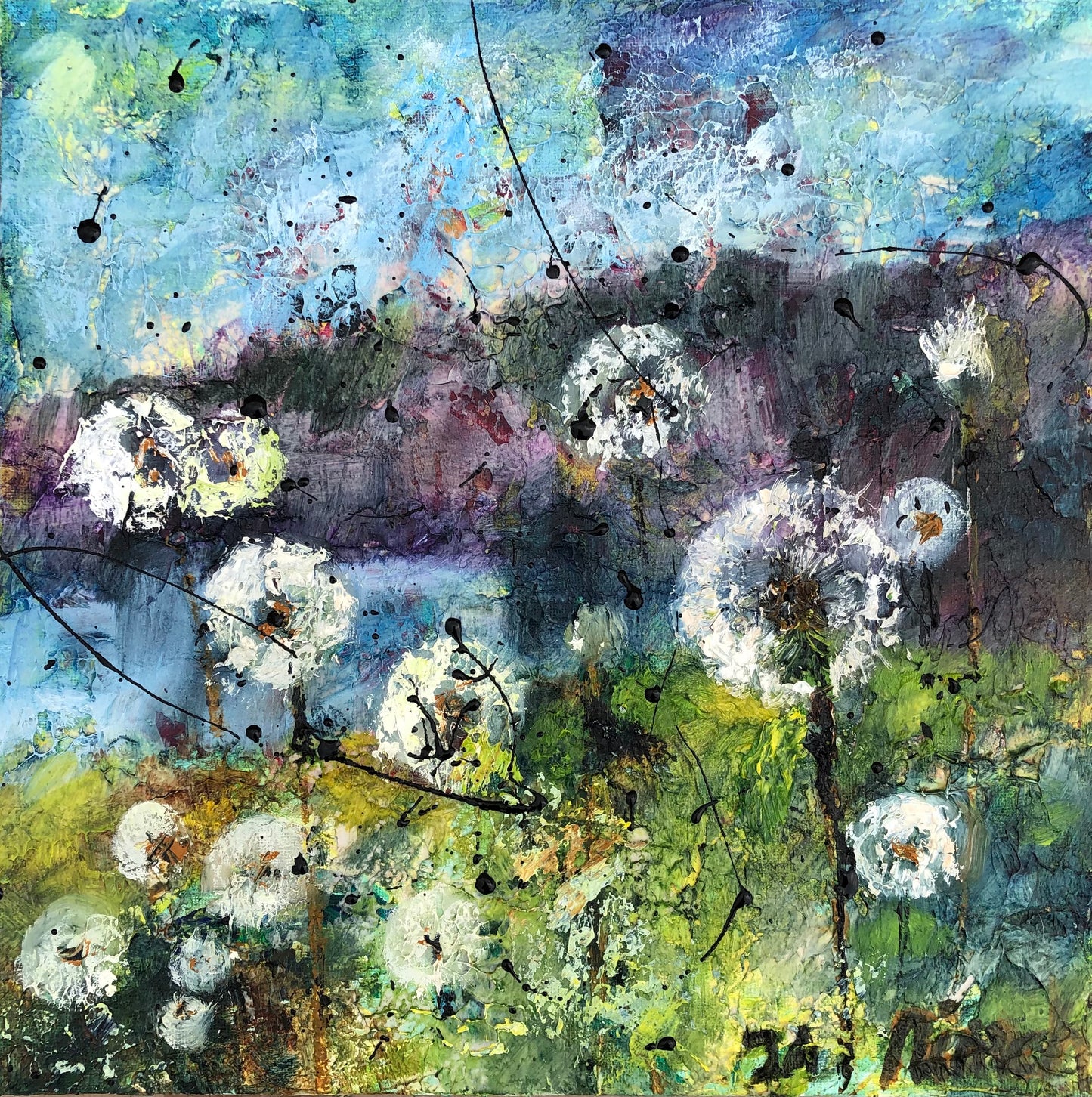 Full view of Whispers of the Dandelions by Nimchi Yuen, a vibrant painting of a dandelion field under a bright blue sky with soft brown and purple mountains.