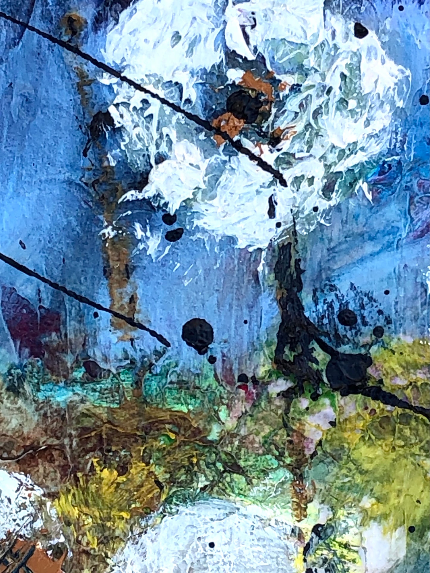 Close-up of Whispers of the Dandelions by Nimchi Yuen, showing textured dandelions with a blue sky and soft-toned mountains in the background.