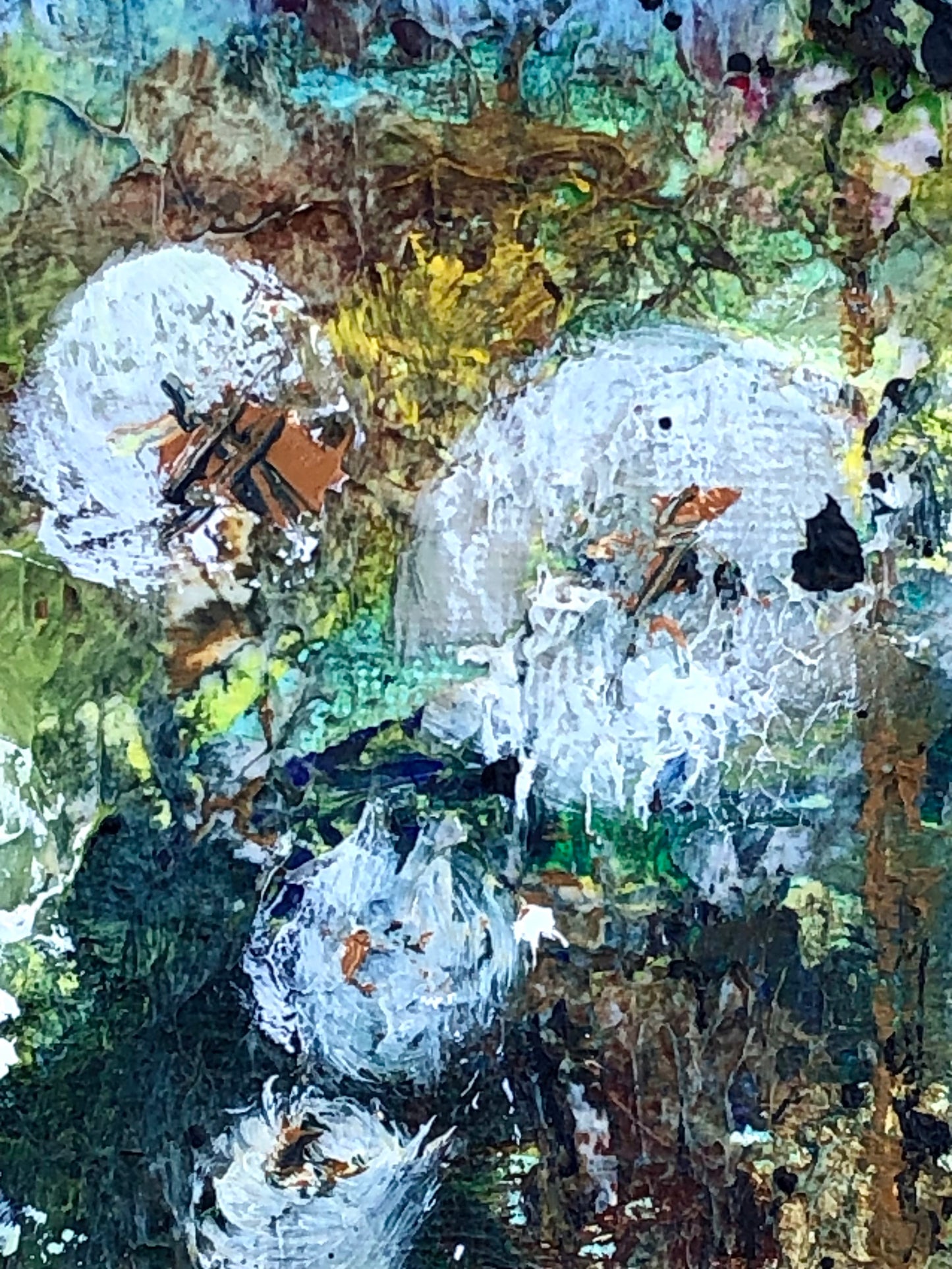 Close-up of Whispers of the Dandelions by Nimchi Yuen, showing textured dandelions with a blue sky and soft-toned mountains in the background.