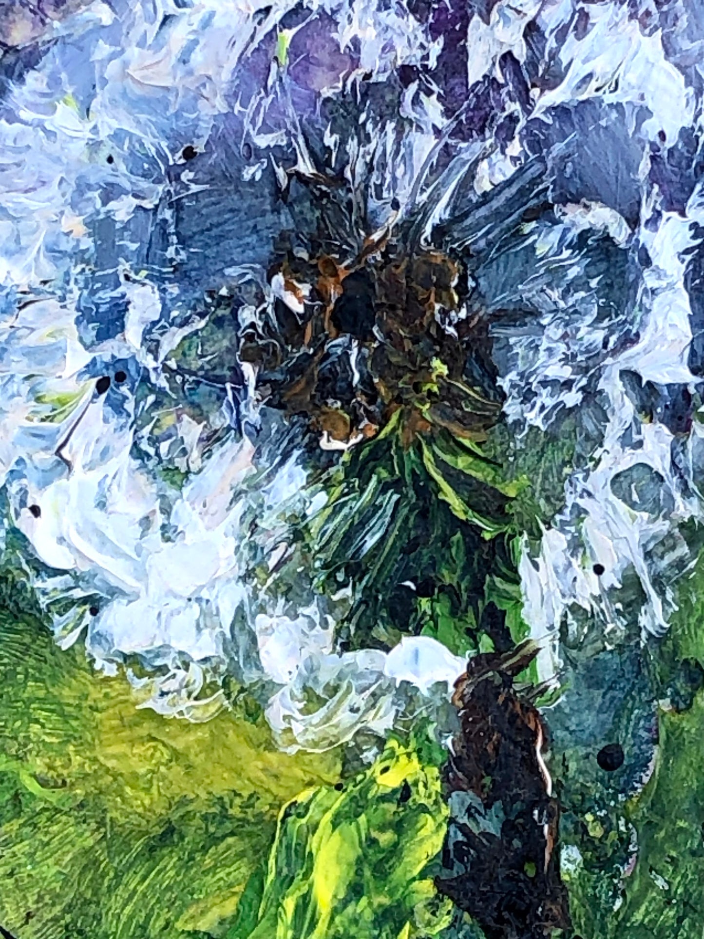 Close-up of Whispers of the Dandelions by Nimchi Yuen, showing textured dandelions with a blue sky and soft-toned mountains in the background.
