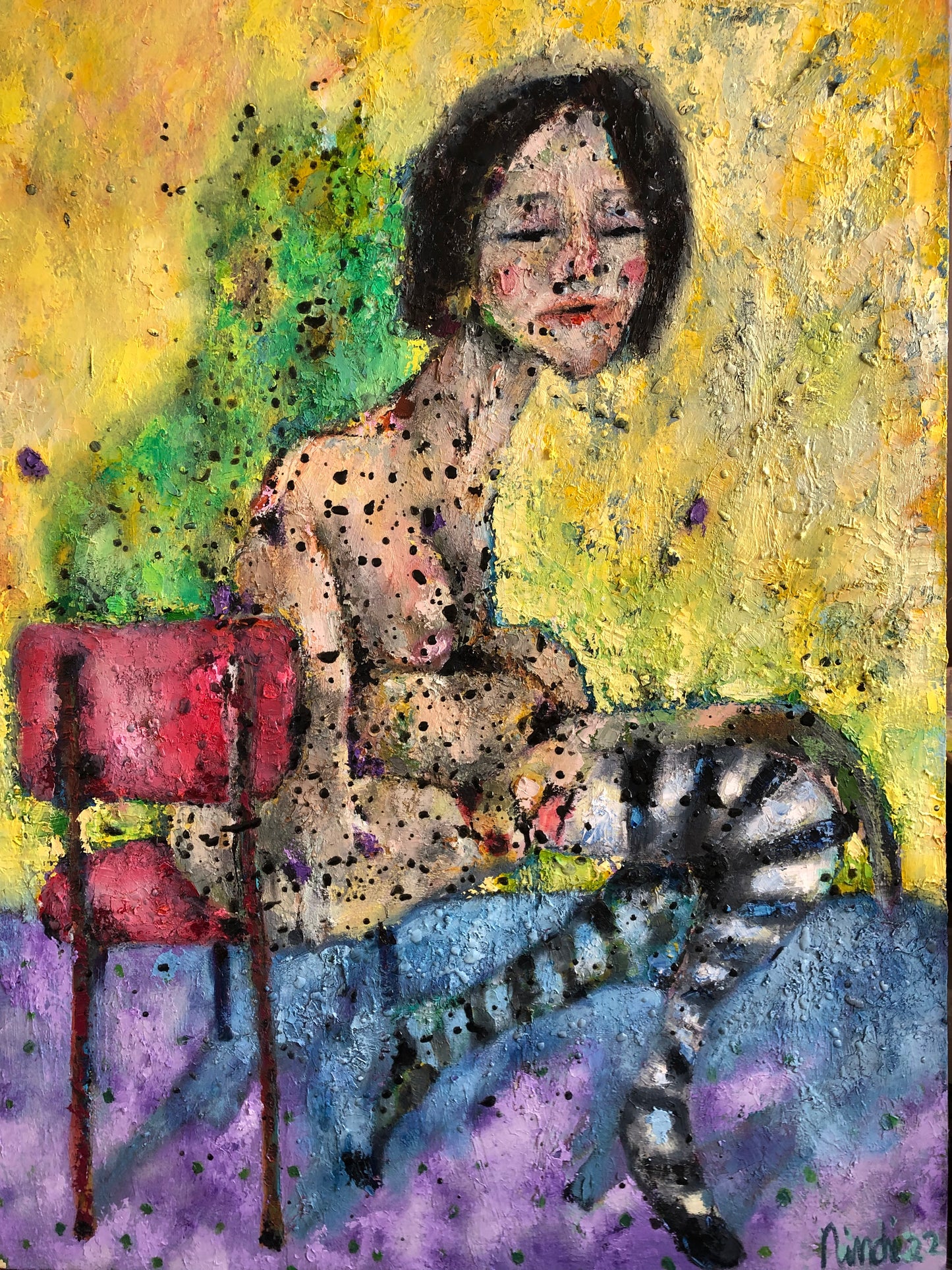 Full view of Stripes of Contemplation by Nimchi Yuen, a vibrant painting of a young woman in striped stockings seated on a red chair against a warm yellow backdrop.