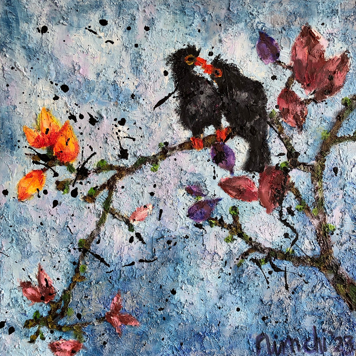 Full view of a bird painting by Nimchi Yuen, showing two black myna birds sharing a quiet moment on a branch, surrounded by warm autumn leaves and a blue sky.