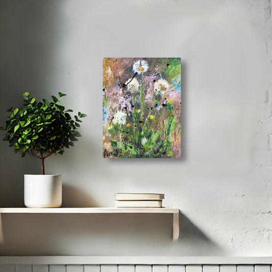 Dandelion Dreams by Nimchi Yuen, a textured dandelion painting, displayed in a cozy bedroom setting. Earthy tones ground soft white dandelions, adding a touch of nature and calm to the room decor.