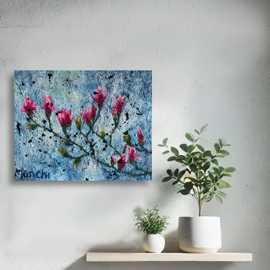 Magnolia Blossoms I by Nimchi Yuen in a bright living room, showcasing vibrant magnolia blossoms with thick textures, adding a touch of nature-inspired beauty.