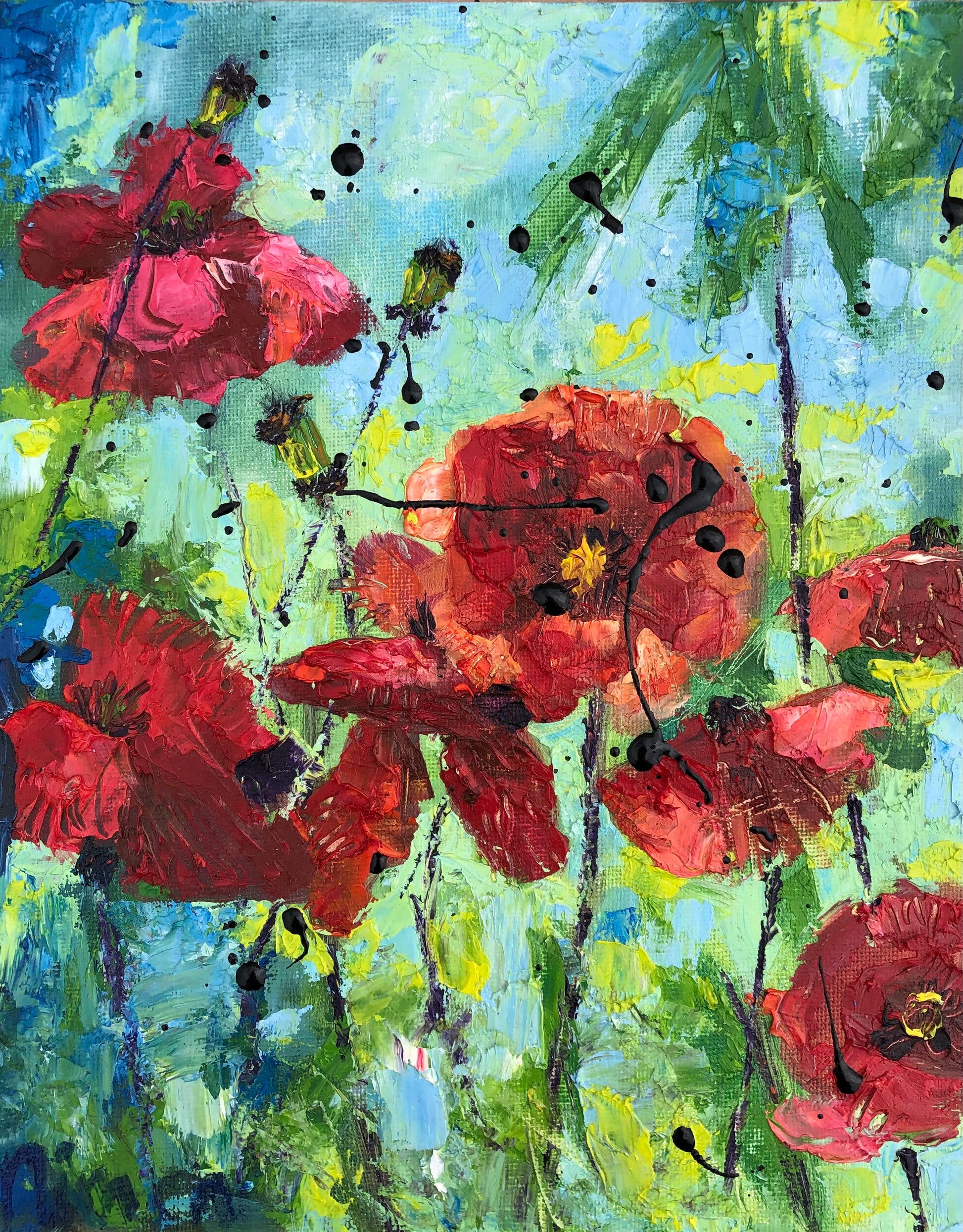 Full view of Poppy Song by Nimchi Yuen, a vibrant painting of red poppies in a sunlit green field, featuring bold textures and lively yellow and green hues.