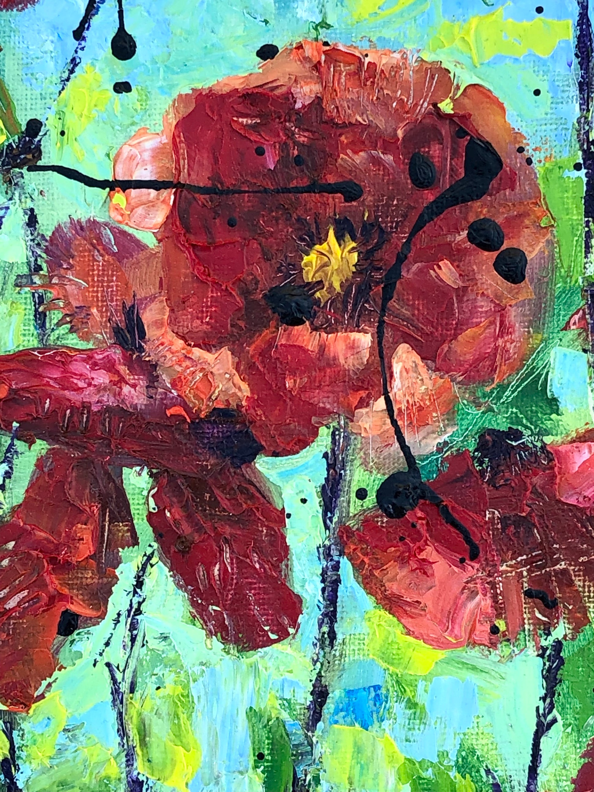 Close-up of Poppy Song by Nimchi Yuen, showing textured red poppies with bold brushstrokes and vivid green and yellow hues in a radiant meadow setting.