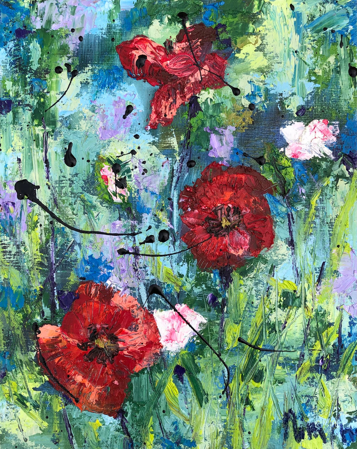 Full view of Silent Fire by Nimchi Yuen, an abstract painting of three vibrant poppies against a water-like background of greens, blues, greys, and purples.