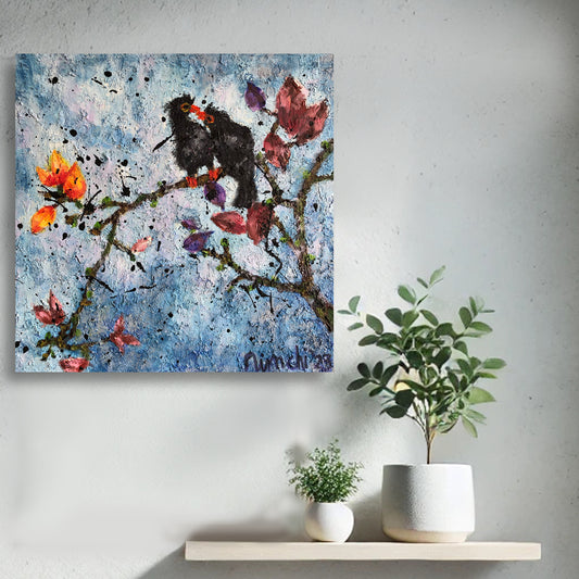 Bird painting by Nimchi Yuen in a cozy living room, featuring two myna birds on a branch, with autumn tones and hints of new growth, adding warmth to the decor.