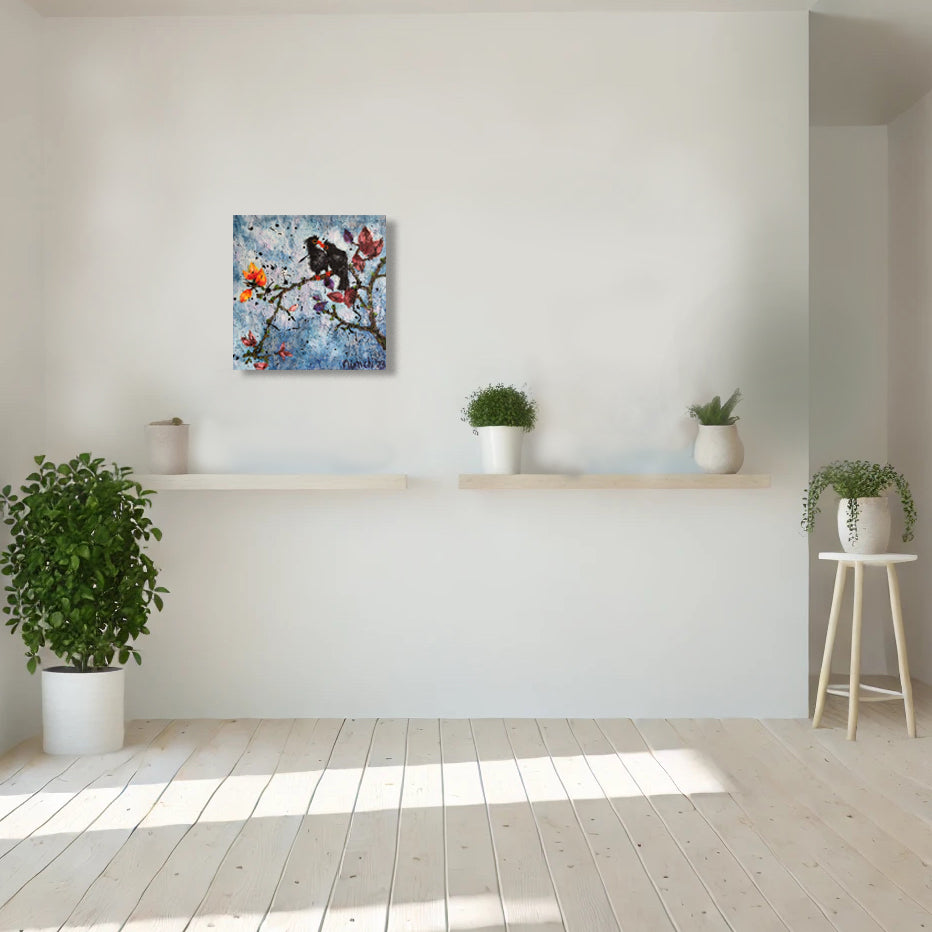 Bird painting by Nimchi Yuen in a cozy living room, featuring two myna birds on a branch, with autumn tones and hints of new growth, adding warmth to the decor.