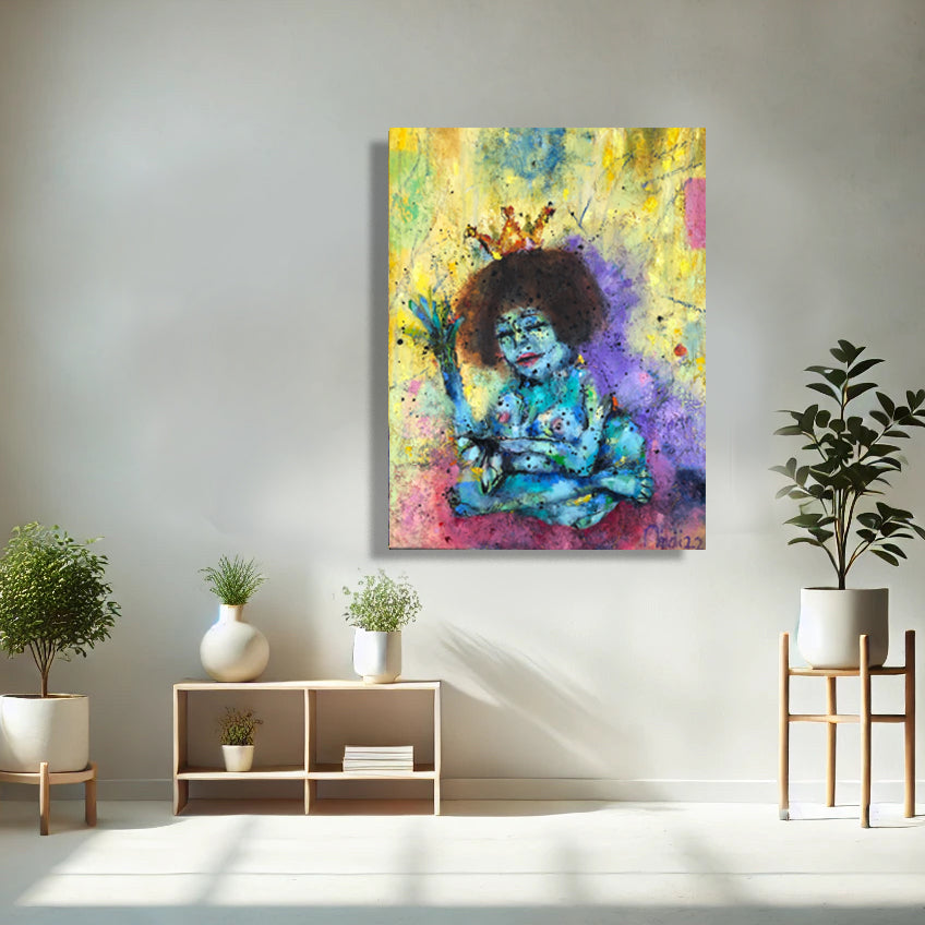 The Green Frog Princess by Nimchi Yuen displayed in a modern interior, showcasing a contemplative woman with green-toned skin, adding intrigue and color to the decor.