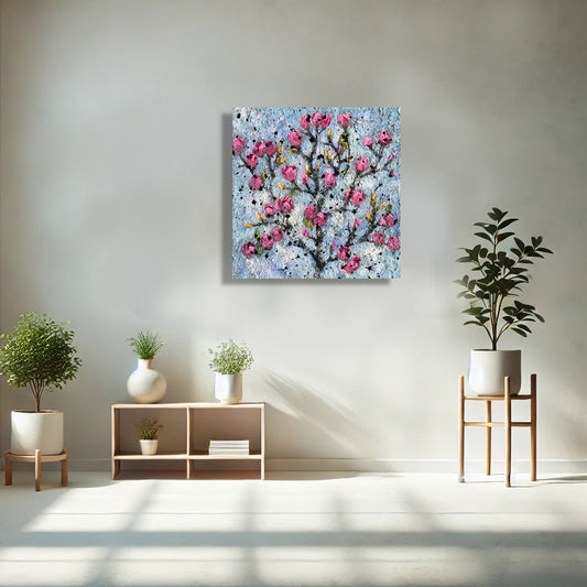 Misty Magnolia Mornings by Nimchi Yuen displayed in a serene living space, featuring pink magnolia blossoms on a soft, misty sky, adding calm and renewal to decor.