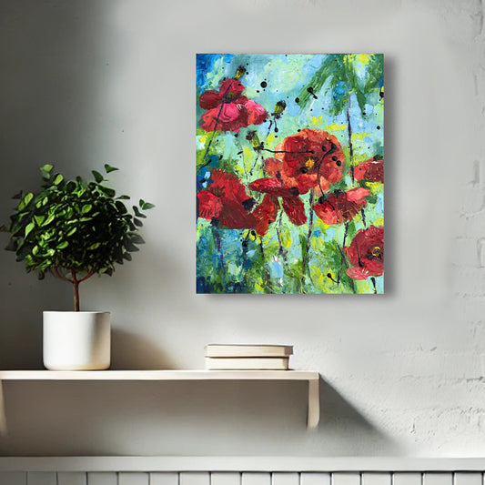 Poppy Song by Nimchi Yuen displayed in a bright, cozy room, showcasing red poppies with rich textures against a fresh green field, adding joy and color to the decor.