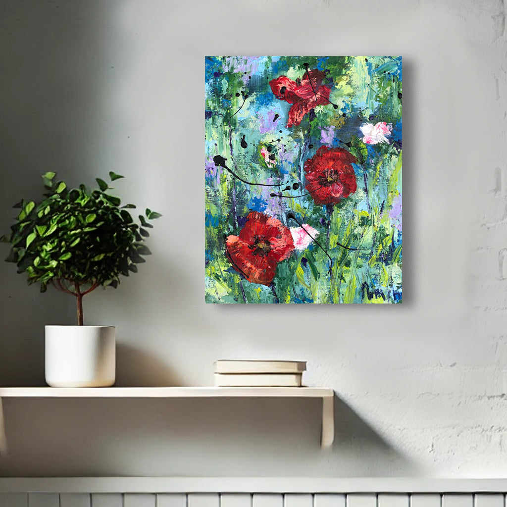 Silent Fire by Nimchi Yuen displayed in a contemporary living room, showcasing bold poppies with rich textures and blended colors, adding a striking focal point.