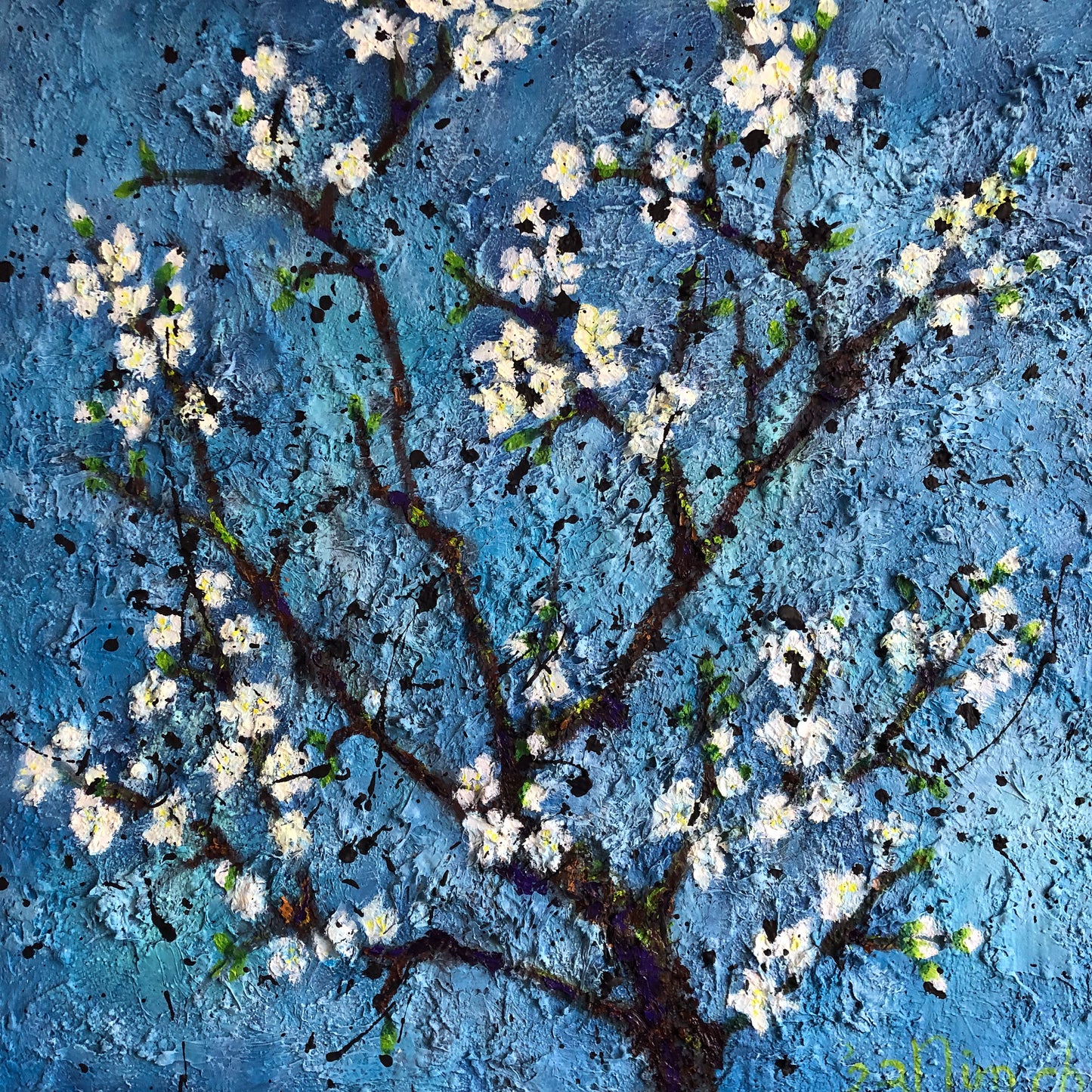 Full view of Twilight Blossoms by Nimchi Yuen, a vibrant oil painting of cherry blossoms set against a blue pre-sunset sky with rich textures and ink splotches.