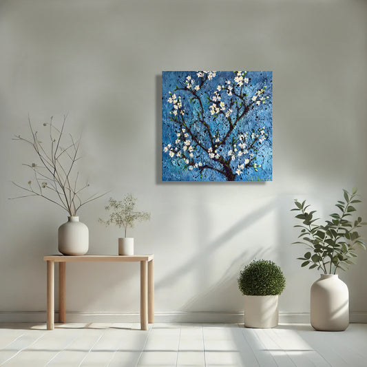 Twilight Blossoms by Nimchi Yuen displayed in a serene living space, featuring textured cherry blossoms on a blue sky background, adding calm and beauty to the decor.