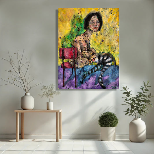 Stripes of Contemplation by Nimchi Yuen displayed in a modern room, featuring a thoughtful woman in bold colors, adding depth and intrigue to the decor.